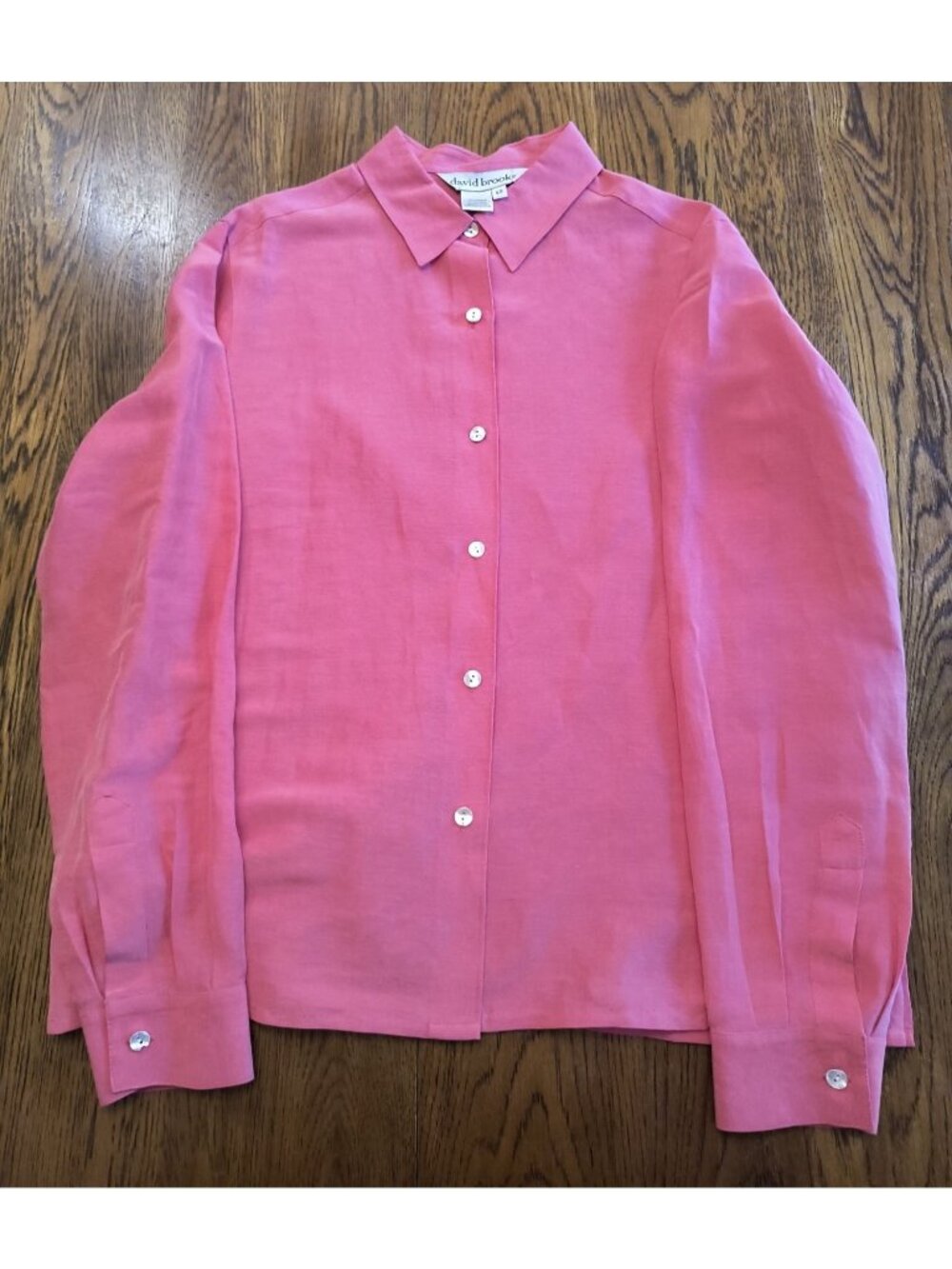 David Brooks Womens Pink Coral Linen Silk Blouse Size 12 Button-Up Long Sleeve